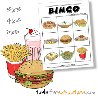 Bingo board maker with food images - 3x3, 4x4, 5x5 grids