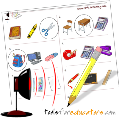 Listening worksheet maker with classroom object images and audio speaker