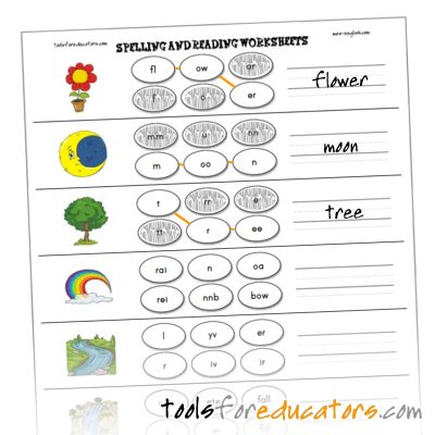Spelling and reading worksheet maker with image clues and letter tiles
