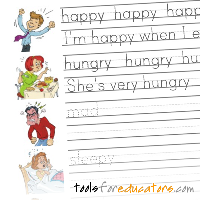 Writing and tracing worksheet maker with emotion vocabulary images