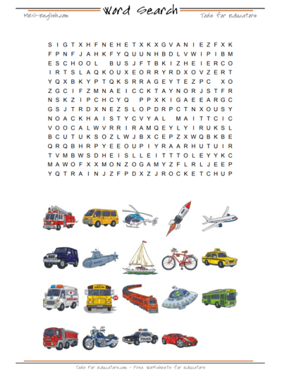 Large word search with transport image clues